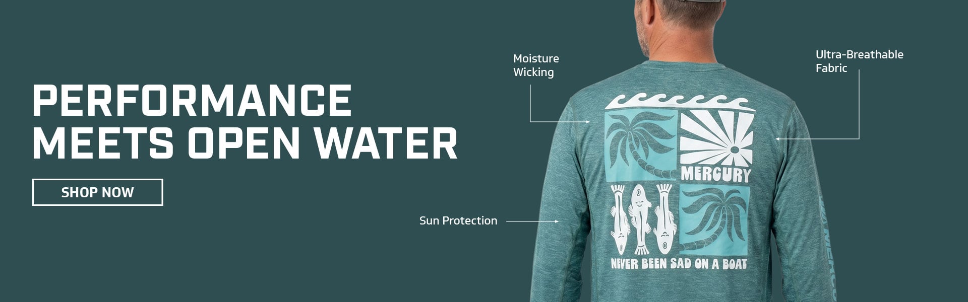 Man wearing performance shirt with text calling out features of performance wear